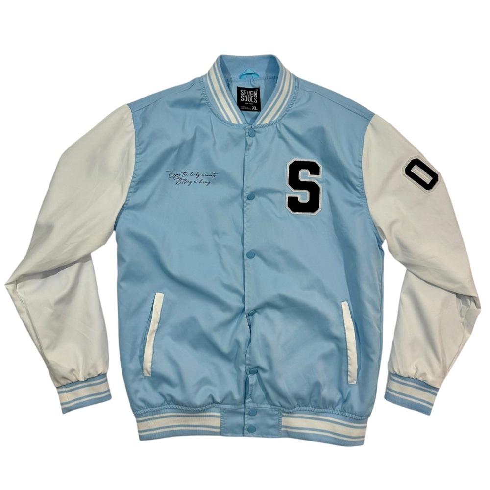 SEVEN SOULS Varsity NO DAYS OFF Bear Baby Blue Jacket XL
